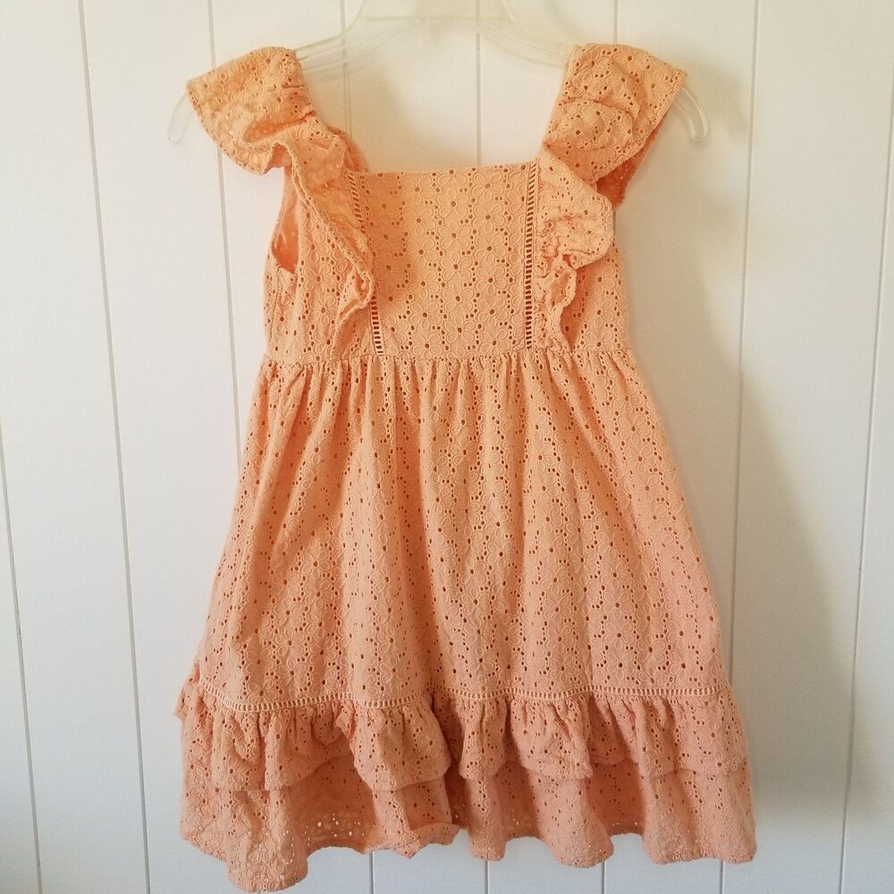 Janie And Jack Dress Size 8 Spring Summer Orange Eyelet Ruffled Cap Sleeves